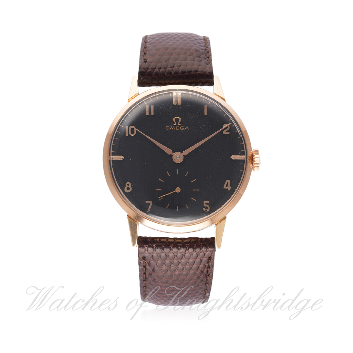 A GENTLEMAN'S LARGE SIZE 18K SOLID PINK GOLD OMEGA WRIST WATCH CIRCA 1948, REF 2619 D: Black dial