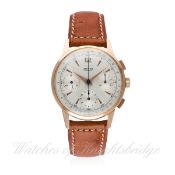 A FINE GENTLEMAN'S 18K SOLID PINK GOLD JAEGER CHRONOGRAPH WRIST WATCH CIRCA 1950s D: Silver dial