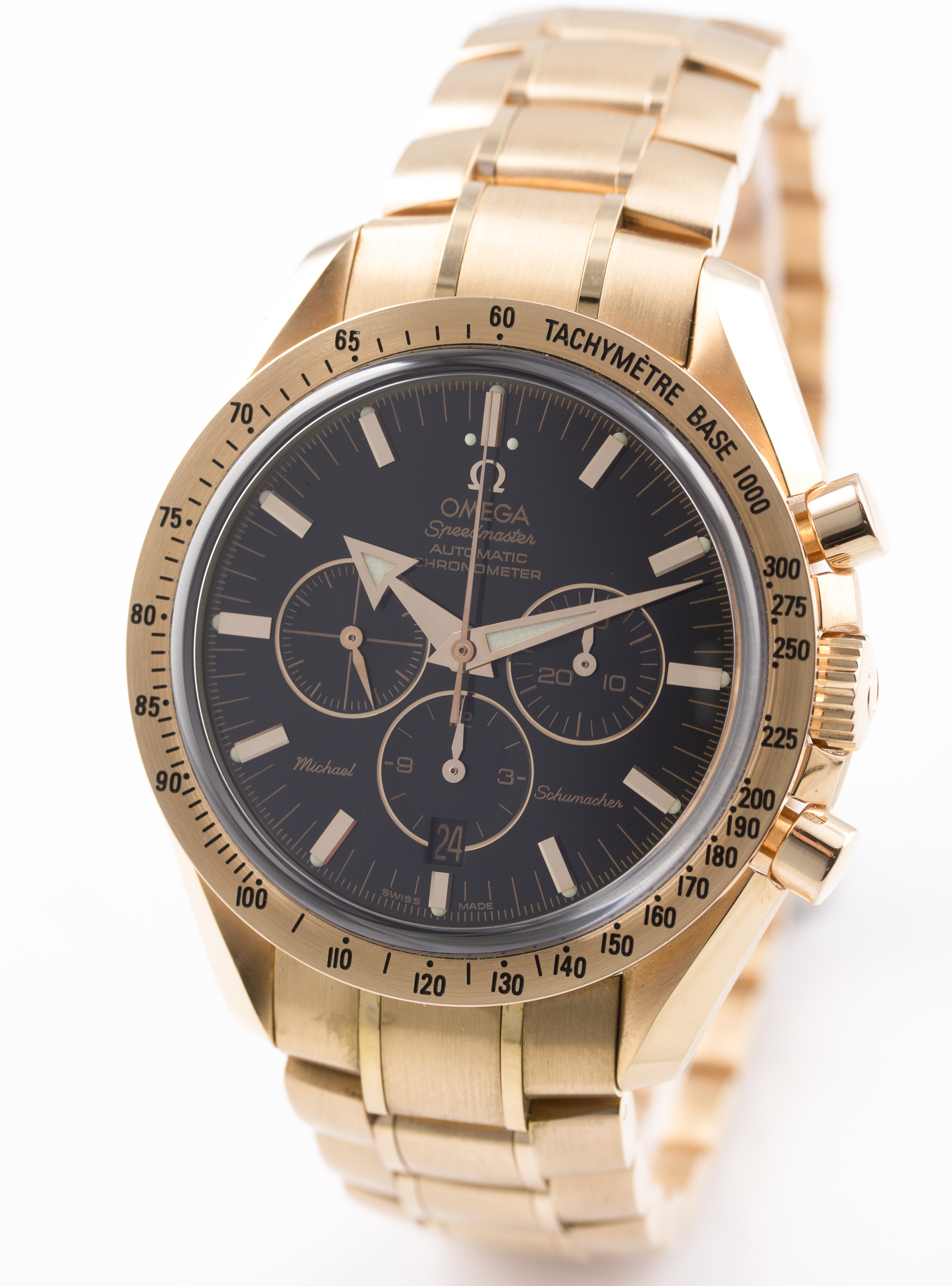 A FINE & RARE GENTLEMAN'S 18K ROSE GOLD OMEGA SPEEDMASTER AUTOMATIC CHRONOGRAPH BRACELET WATCH DATED - Image 3 of 8