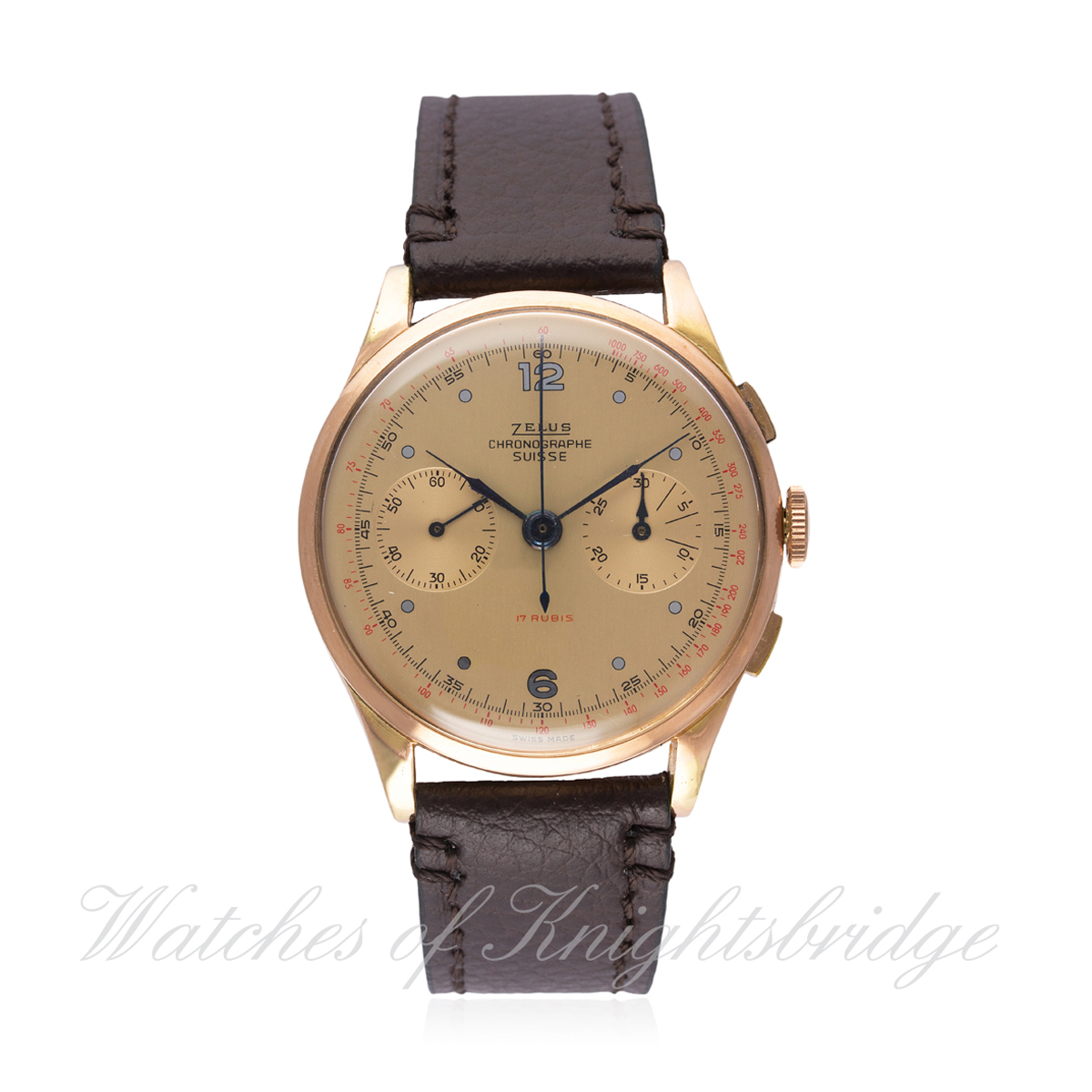 A GENTLEMAN'S 18K SOLID ROSE GOLD ZELUS CHRONOGRAPHE SUISSE CHRONOGRAPH WRIST WATCH CIRCA 1940s D: