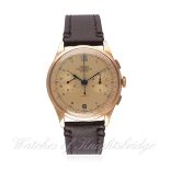 A GENTLEMAN'S 18K SOLID ROSE GOLD ZELUS CHRONOGRAPHE SUISSE CHRONOGRAPH WRIST WATCH CIRCA 1940s D: