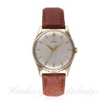 A GENTLEMAN`S 9CT SOLID GOLD OMEGA WRIST WATCH CIRCA 1960 D: Silver dial with gilt batons & dauphine