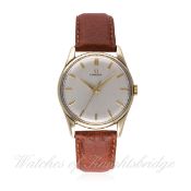 A GENTLEMAN`S 9CT SOLID GOLD OMEGA WRIST WATCH CIRCA 1960 D: Silver dial with gilt batons & dauphine