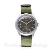 A GENTLEMAN'S STAINLESS STEEL BRITISH MILITARY W.W.W. CYMA WRIST WATCH CIRCA 1940s D: Black "