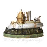 A FINE & RARE SILVERED AND GILT BRASS CLOCK WORK AUTOMATION MODEL OF A FRENCH ARMOURED CRUISER, LAST