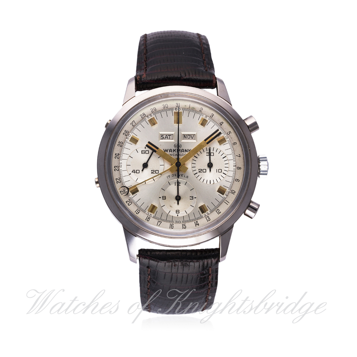 A GENTLEMAN’S STAINLESS STEEL WAKMANN TRIPLE CALENDAR CHRONOGRAPH WRIST WATCH
CIRCA 1970s
D: