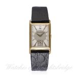 A GENTLEMAN'S 18K SOLID GOLD JAEGER LECOULTRE RECTANGULAR WRIST WATCH CIRCA 1940s D: Two tone silver