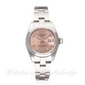 A LADIES STAINLESS STEEL ROLEX OYSTER PERPETUAL DATE BRACELET WATCH DATED 2000, REF. 79160 WITH BOX,