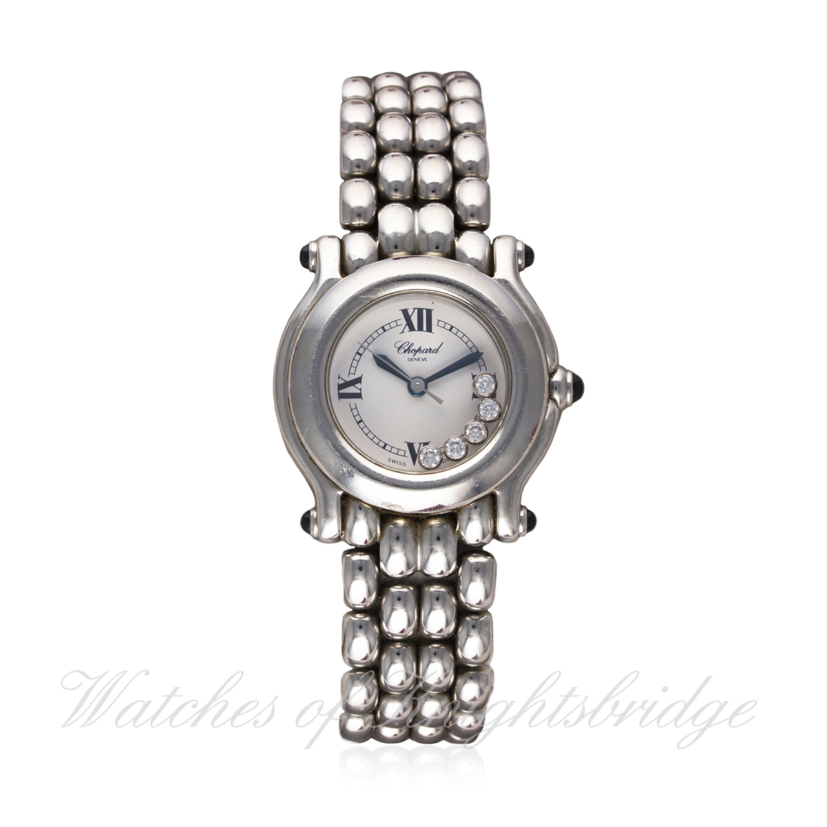 A LADIES STAINLESS STEEL CHOPARD HAPPY SPORT BRACELET WATCH CIRCA 2005, REF. 8245 D: White dial with