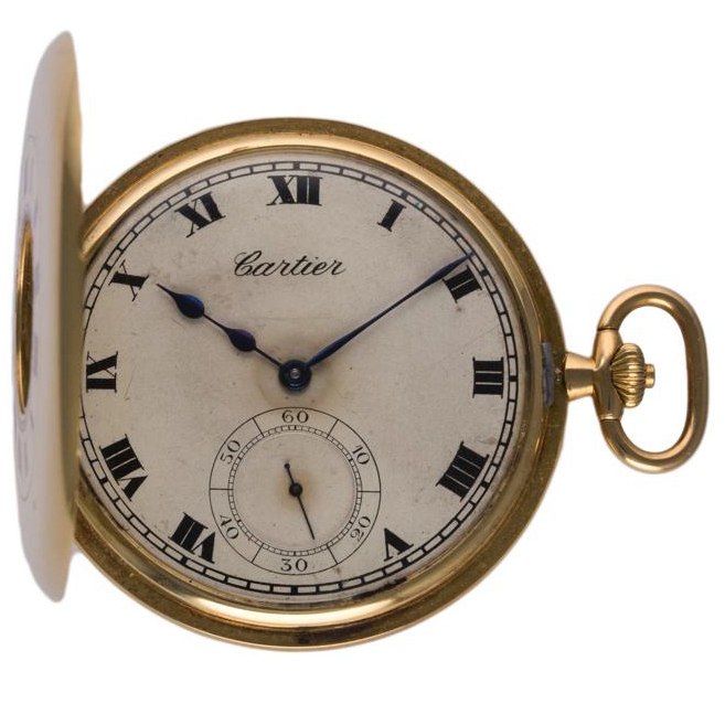 A RARE 18K SOLID GOLD CARTIER HALF HUNTER POCKET WATCH 
CIRCA 1930 IN ORIGINAL CARTIER BOX 
D: