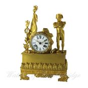 A FRENCH ORMOLU STRIKING MANTLE CLOCK DEPICTING NAPOLEON BONAPARTE AT THE BATTLE OF WATERLOO CIRCA