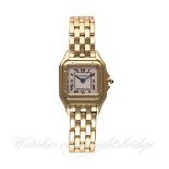 A LADIES 18K SOLID GOLD CARTIER PANTHERE BRACELET WATCH CIRCA 1990s, REF. 1070 D: Silver dial with