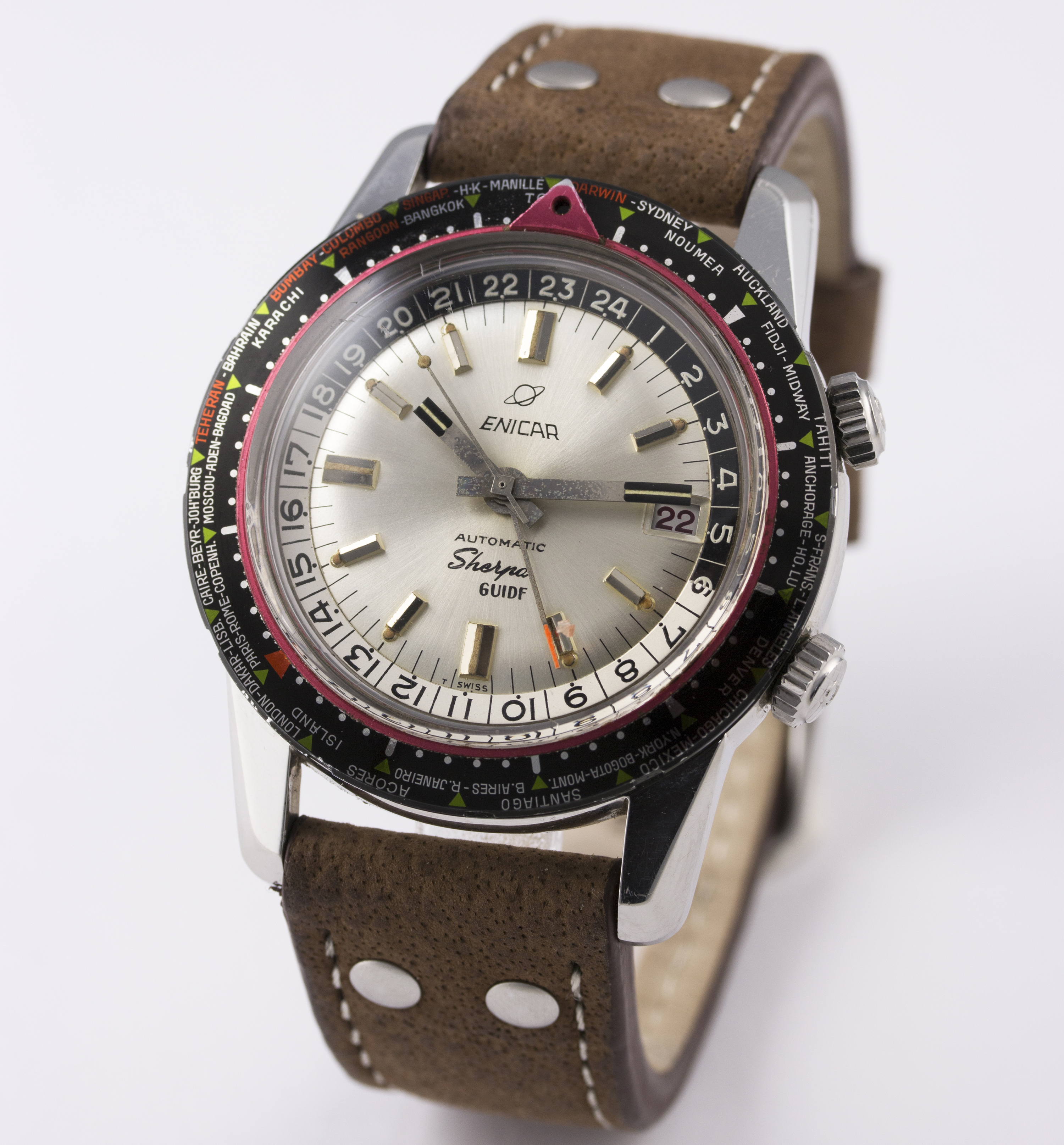 A RARE GENTLEMAN'S STAINLESS STEEL ENICAR SHERPA GUIDE GMT AUTOMATIC WRIST WATCH CIRCA 1970s, REF. - Image 2 of 6