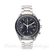 A GENTLEMAN'S STAINLESS STEEL OMEGA SPEEDMASTER AUTOMATIC TRIPLE CALENDAR CHRONOGRAPH BRACELET WATCH