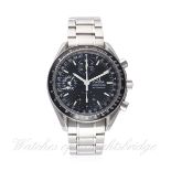 A GENTLEMAN'S STAINLESS STEEL OMEGA SPEEDMASTER AUTOMATIC TRIPLE CALENDAR CHRONOGRAPH BRACELET WATCH