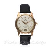 A RARE GENTLEMAN'S 18K SOLID PINK GOLD OMEGA SEAMASTER CALENDAR WRIST WATCH CIRCA 1954, REF. 2757