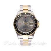 A RARE GENTLEMAN'S STEEL & GOLD ROLEX OYSTER PERPETUAL DATE GMT MASTER II BRACELET WATCH DATED 2003,