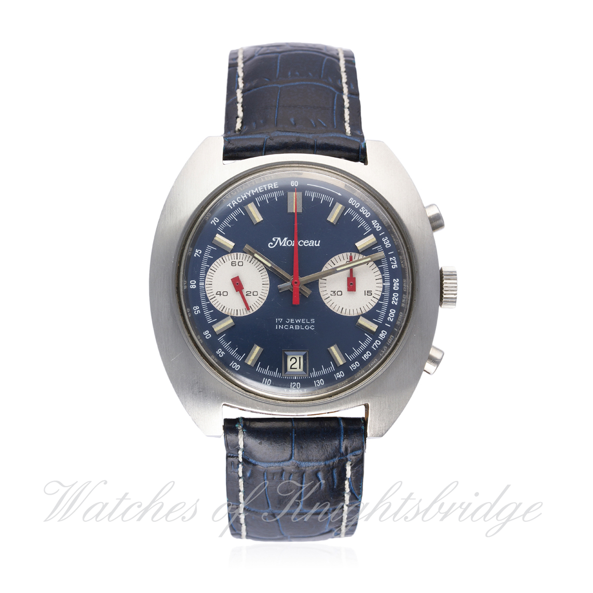 A GENTLEMAN’S STAINLESS STEEL MONCEAU CHRONOGRAPH WRIST WATCH
CIRCA 1970s
D: Blue dial with