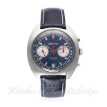 A GENTLEMAN’S STAINLESS STEEL MONCEAU CHRONOGRAPH WRIST WATCH
CIRCA 1970s
D: Blue dial with