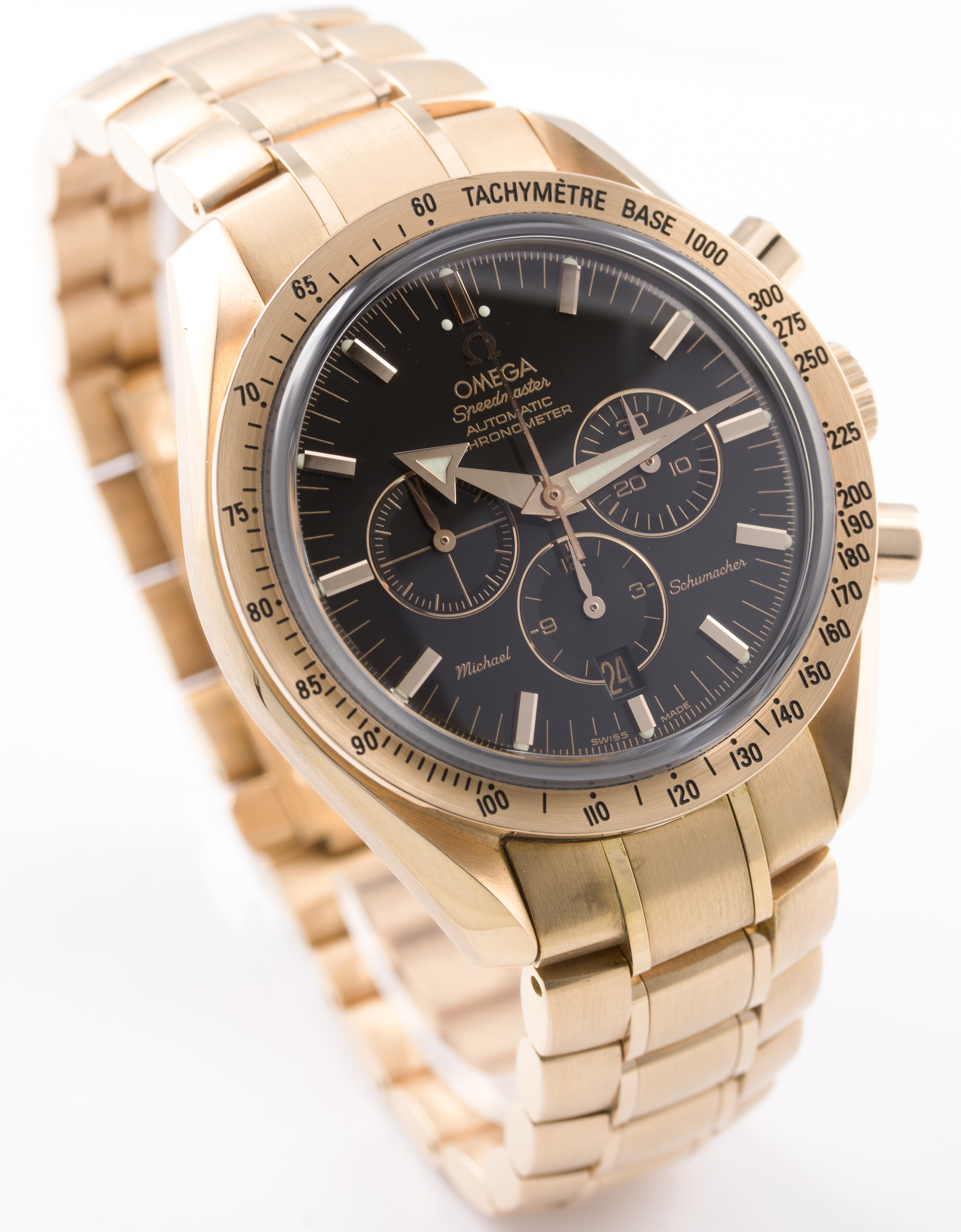 A FINE & RARE GENTLEMAN'S 18K ROSE GOLD OMEGA SPEEDMASTER AUTOMATIC CHRONOGRAPH BRACELET WATCH DATED - Image 6 of 8