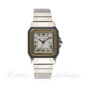 A GENTLEMAN'S STEEL & GOLD CARTIER SANTOS AUTOMATIC BRACELET WATCH CIRCA 1990s D: White dial with