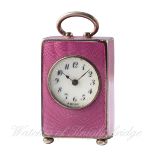 A MINIATURE SOLID SILVER AND PINK GUILLOCHE ENAMEL CONCORD TRAVEL CLOCK CIRCA 1920s, REF. 2814 D: