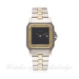 A GENTLEMAN'S STEEL & GOLD CARTIER SANTOS AUTOMATIC BRACELET WATCH CIRCA 1990 D: Black dial with