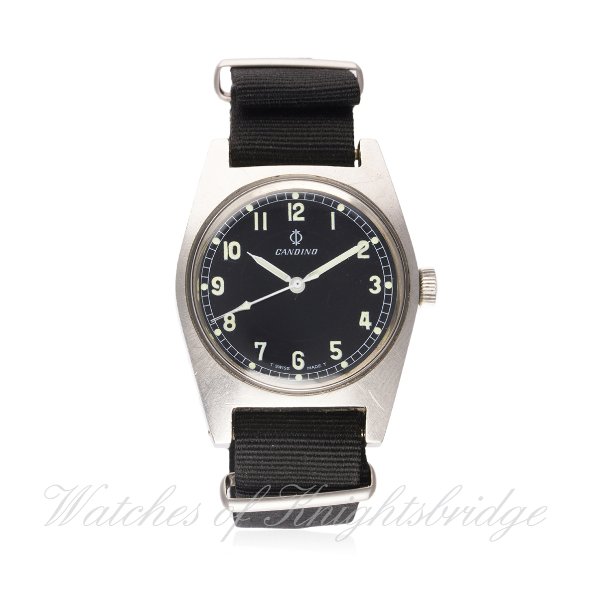 A GENTLEMAN'S STAINLESS STEEL CANDINO SWEDISH MILITARY WRIST WATCH CIRCA 1960s D: Gloss black dial