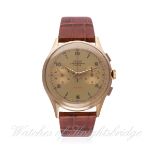 A GENTLEMAN'S 18K SOLID ROSE GOLD ZELUS CHRONOGRAPHE SUISSE CHRONOGRAPH WRIST WATCH CIRCA 1940s
D: