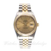 A GENTLEMAN'S STEEL & GOLD ROLEX OYSTER PERPETUAL DATEJUST BRACELET WATCH DATED 1991, REF. 16233