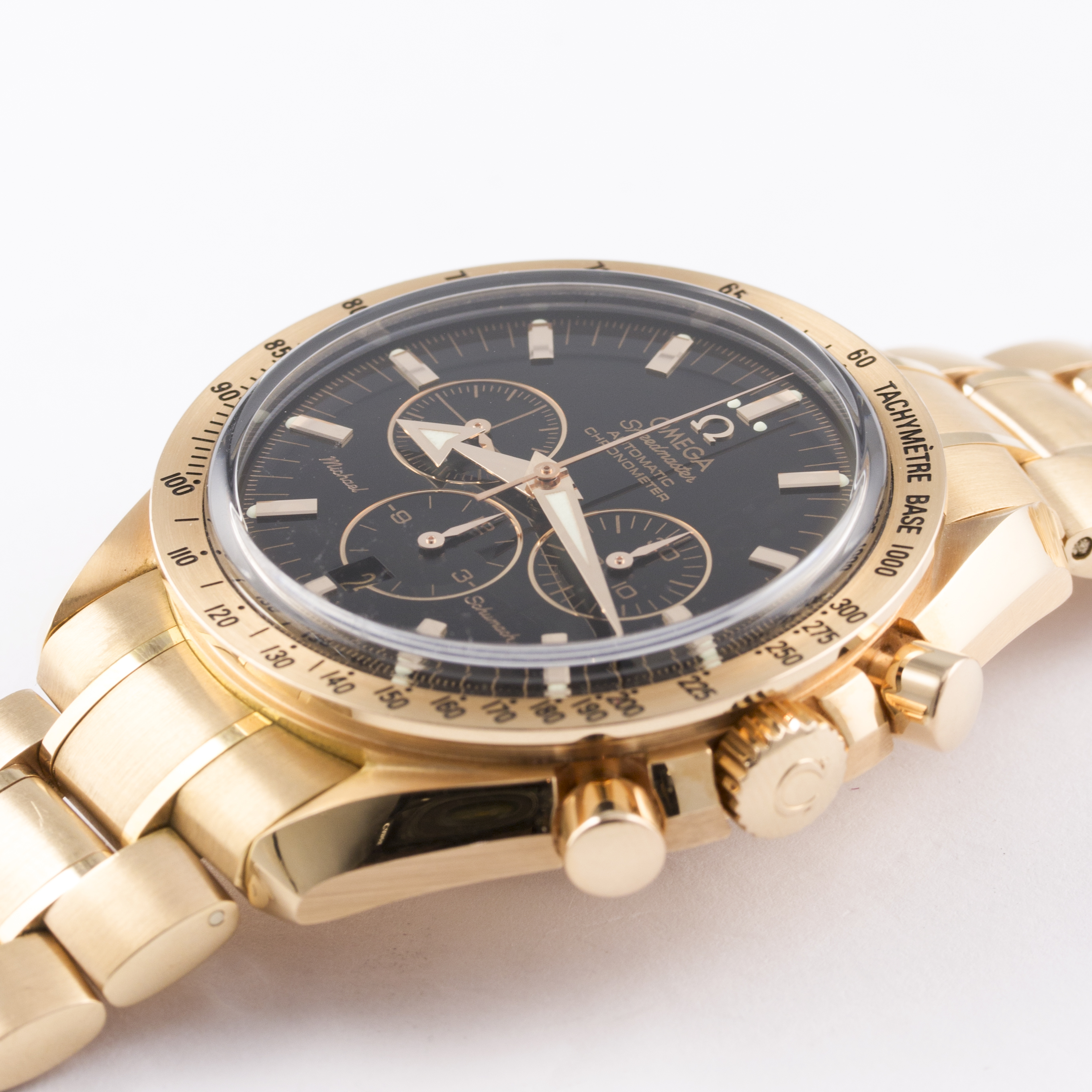 A FINE & RARE GENTLEMAN'S 18K ROSE GOLD OMEGA SPEEDMASTER AUTOMATIC CHRONOGRAPH BRACELET WATCH DATED - Image 4 of 8