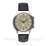 A GENTLEMAN'S STAINLESS STEEL JAEGER LECOULTRE MEMOVOX AUTOMATIC ALARM WRIST WATCH CIRCA 1960s D: