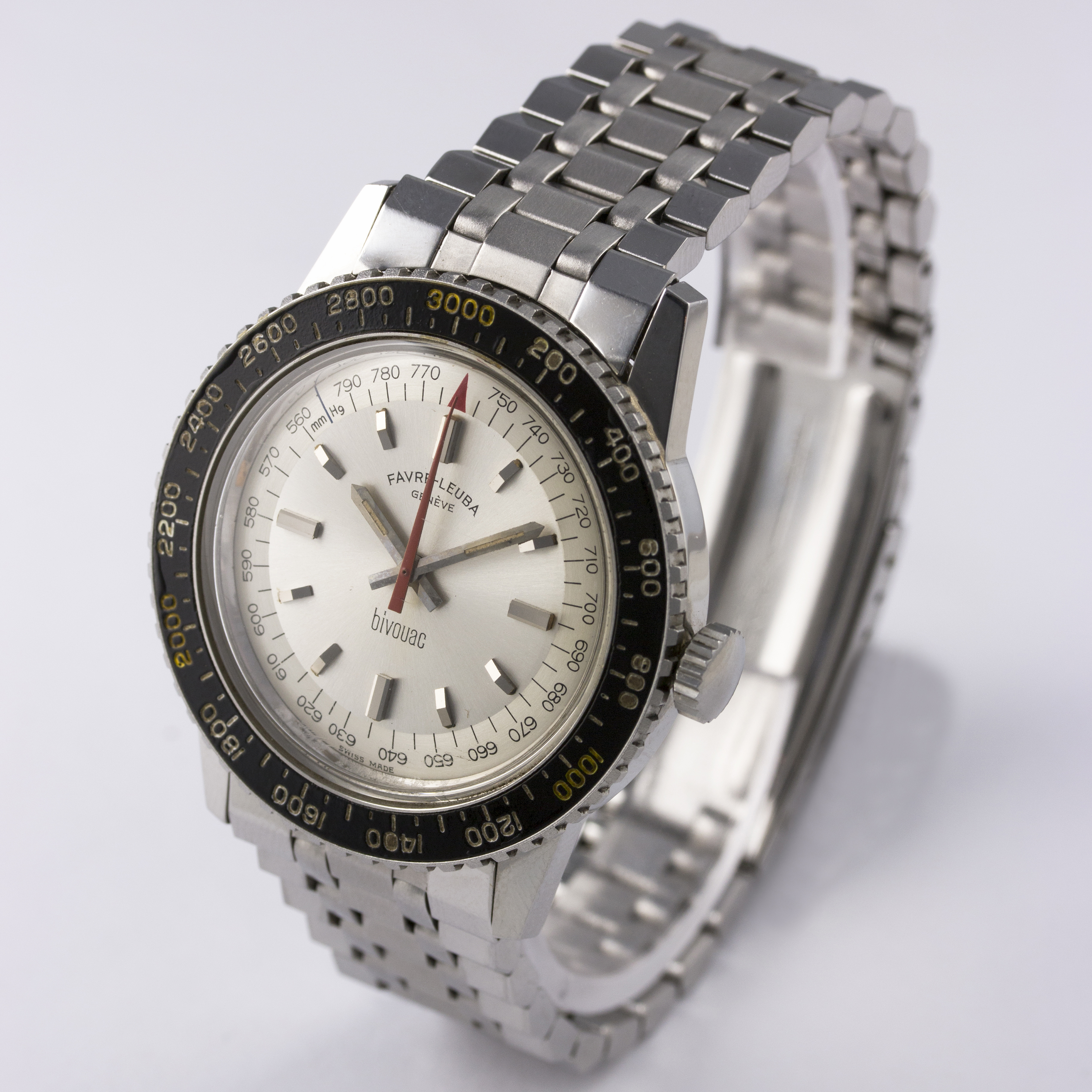 A RARE GENTLEMAN'S STAINLESS STEEL FAVRE LEUBA BIVOUAC ALTIMETER BAROMETER BRACELET WATCH CIRCA - Image 5 of 11