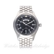 A GENTLEMAN'S STAINLESS STEEL IWC PILOTS UTC DUAL TIME BRACELET WATCH DATED 2001, REF. 3251 WITH BOX