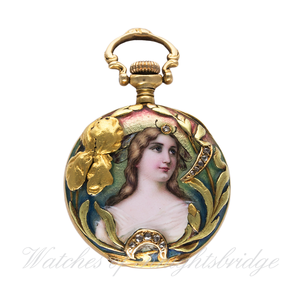 A LADIES 18K SOLID GOLD OPEN FACE ART NOUVEAU ENAMEL POCKET WATCH 
CIRCA 1901 
D: White enamel