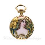 A LADIES 18K SOLID GOLD OPEN FACE ART NOUVEAU ENAMEL POCKET WATCH 
CIRCA 1901 
D: White enamel