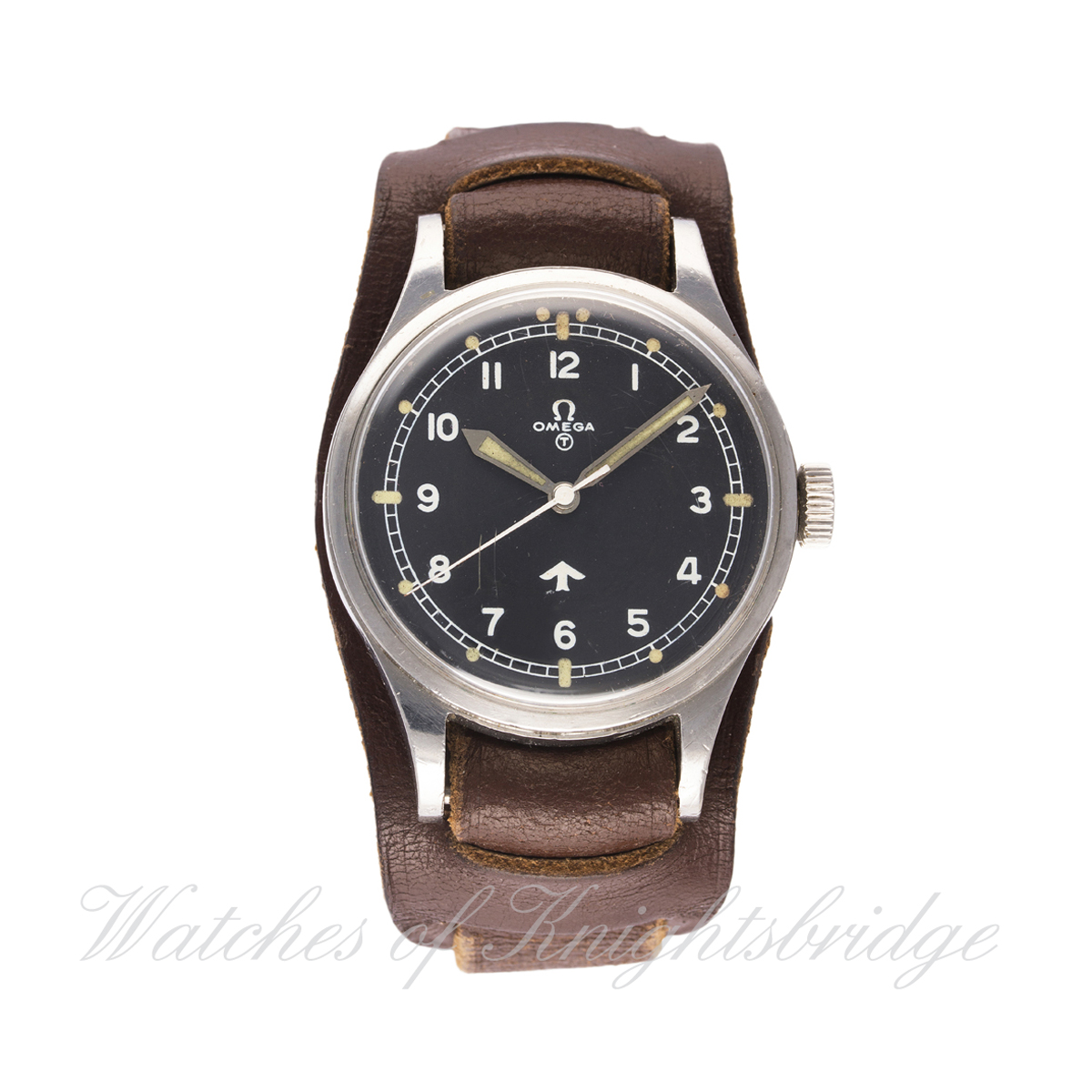 A GENTLEMAN`S STAINLESS STEEL BRITISH MILITARY RAF OMEGA PILOTS WRIST WATCH DATED 1953 D: Black dial