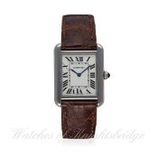 A LADIES STAINLESS STEEL CARTIER TANK SOLO WRIST WATCH CIRCA 2005, REF. 2716  D: Silver dial with