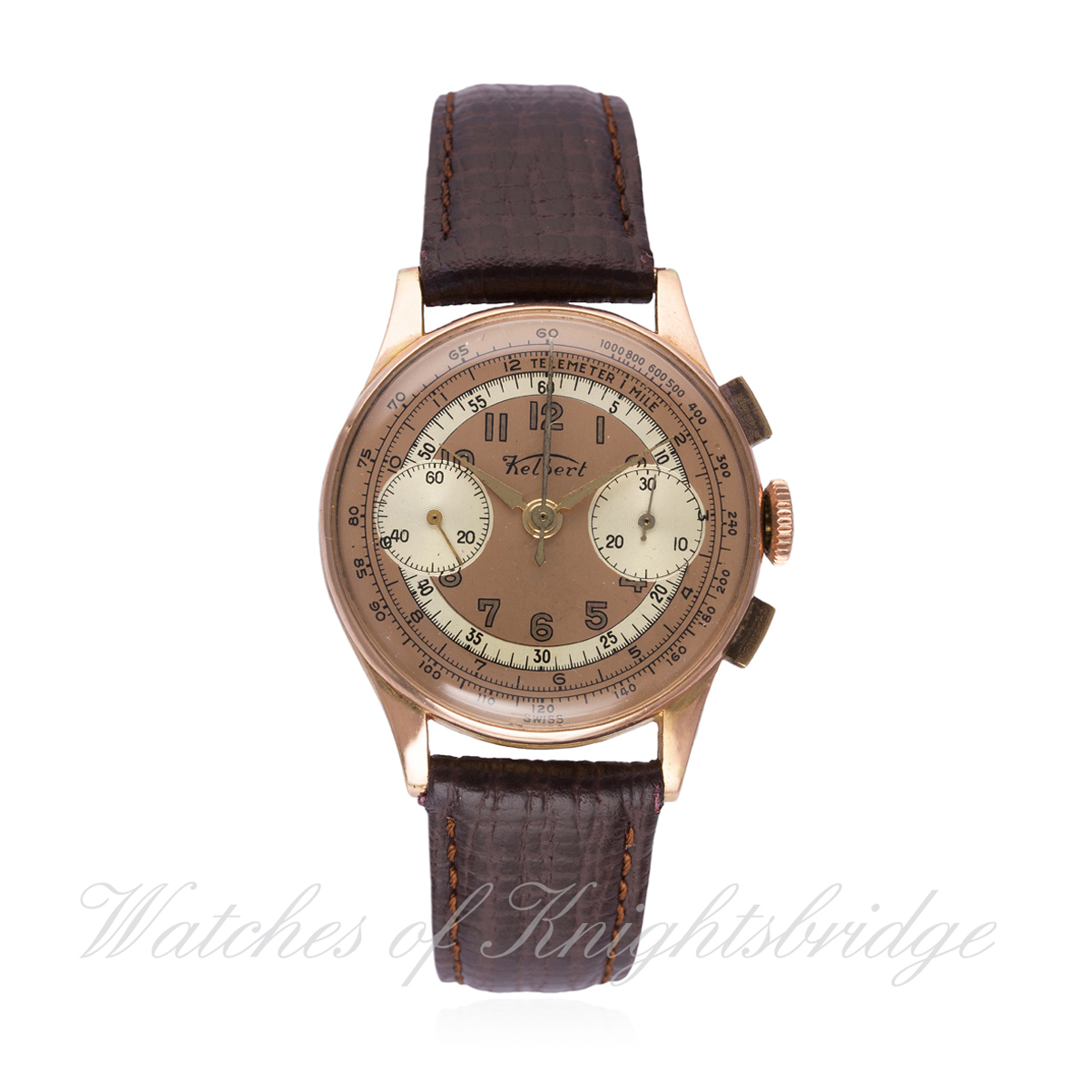 A GENTLEMAN'S 18K SOLID ROSE GOLD KELBERT CHRONOGRAPH WRIST WATCH CIRCA 1940s D: Two tone dial