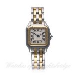 A GENTLEMAN'S STEEL & GOLD CARTIER PANTHERE BRACELET WATCH CIRCA 1990s, REF. 1100 D: Silver dial