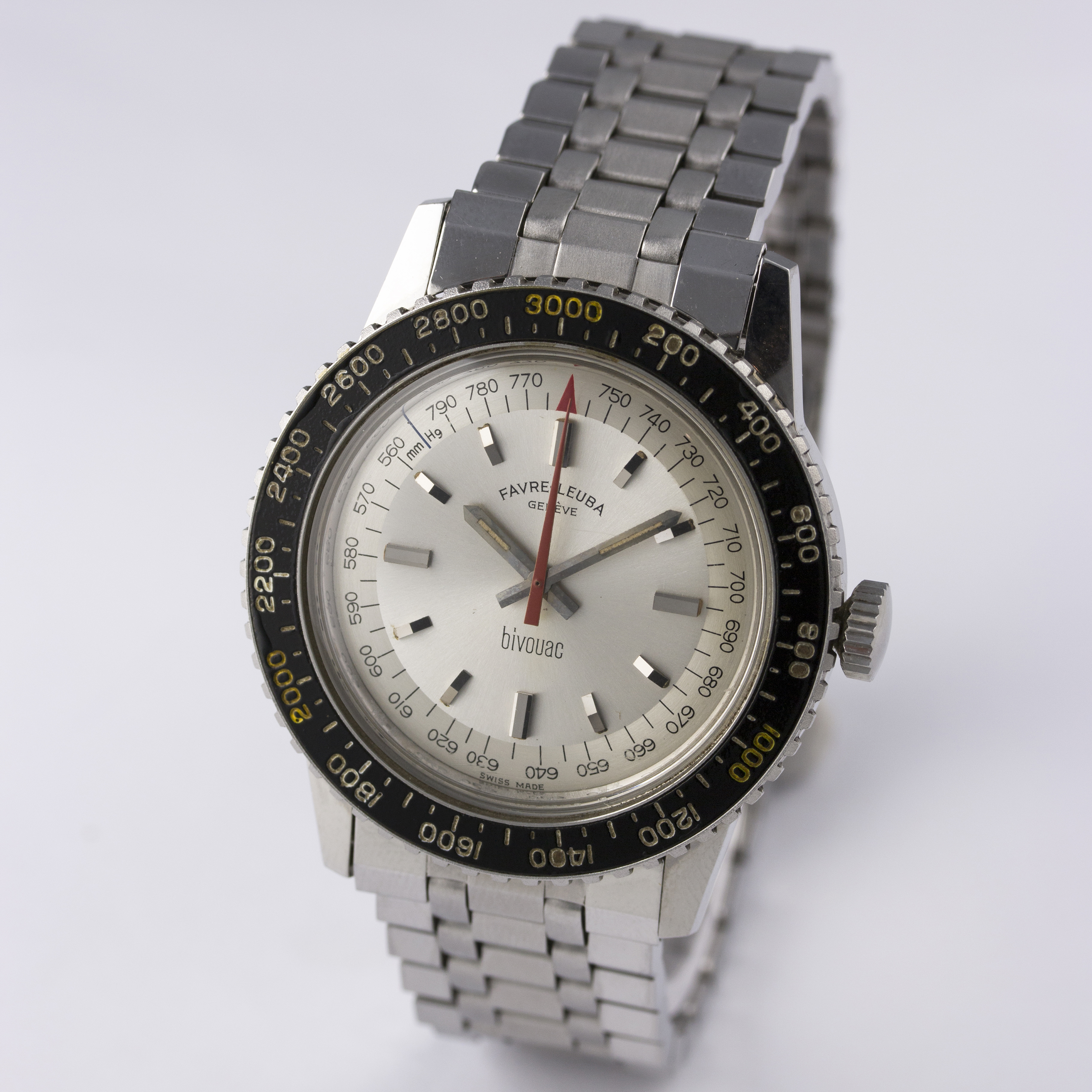 A RARE GENTLEMAN'S STAINLESS STEEL FAVRE LEUBA BIVOUAC ALTIMETER BAROMETER BRACELET WATCH CIRCA - Image 3 of 11