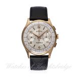 A GENTLEMAN'S 18K SOLID ROSE GOLD DELBANA CHRONOGRAPH WRIST WATCH CIRCA 1940s D: Silver textured