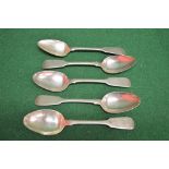 Group of five silver dessert spoons, mar