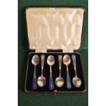 Cased set of six sterling silver and ena