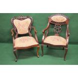 Two mahogany framed open armchairs havin