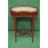 Inlaid mahogany kidney shaped bijouterie table standing on square tapering legs with X formed