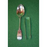 William IV silver table spoon, marked for Newcastle 1833 and a pair of sugar tongs,