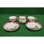 Pair of possibly Meissen tea cups and saucers decorated with scenic views together with a single