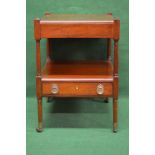 Square mahogany two tier lamp table the upper tier supported by turned columns leading to lower