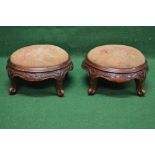 Pair of circular Victorian mahogany foot stools with floral tapestry top surmounted by carved frame